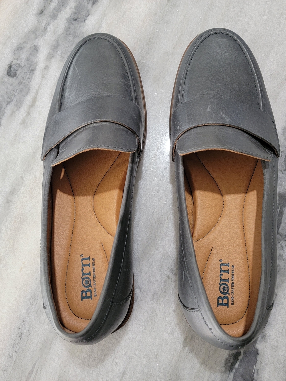 Born Gray Leather Penny Loafers with Tan Insole